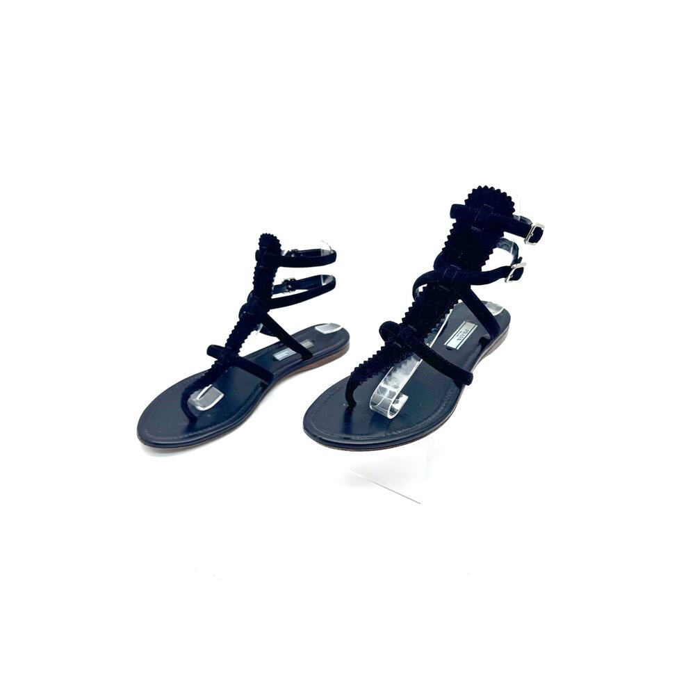 Prada Black Leather T Strap Flat Sandals Ruffled Trim Ankle Buckle EU 38 - Picture 10 of 12